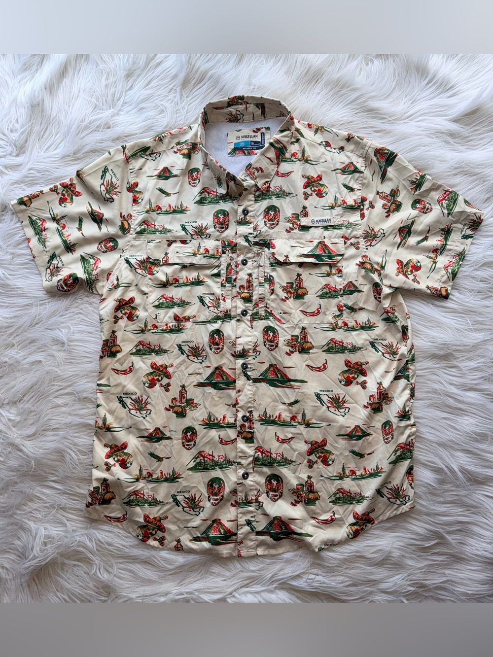 Magellan Outdoor Men’s XL Relaxed Fit Mexico And Luchador Print Button Up Shirt